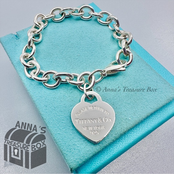Return To Tiffany & Co. 925 Silver MED Blue Enamel RTT Heart 7" Bracelet (boxset - Picture 4 of 7